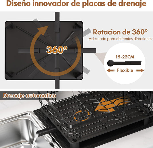 Majalis Escurreplatos Acero Inoxidable Con Drenaje, Escurridor De Platos Con Desagüe Automático De Cocina, Escurridor Platos Con Soporte Para Utensilios, Tabla De Cortar, Portavasos, 2 Niveles, Negro