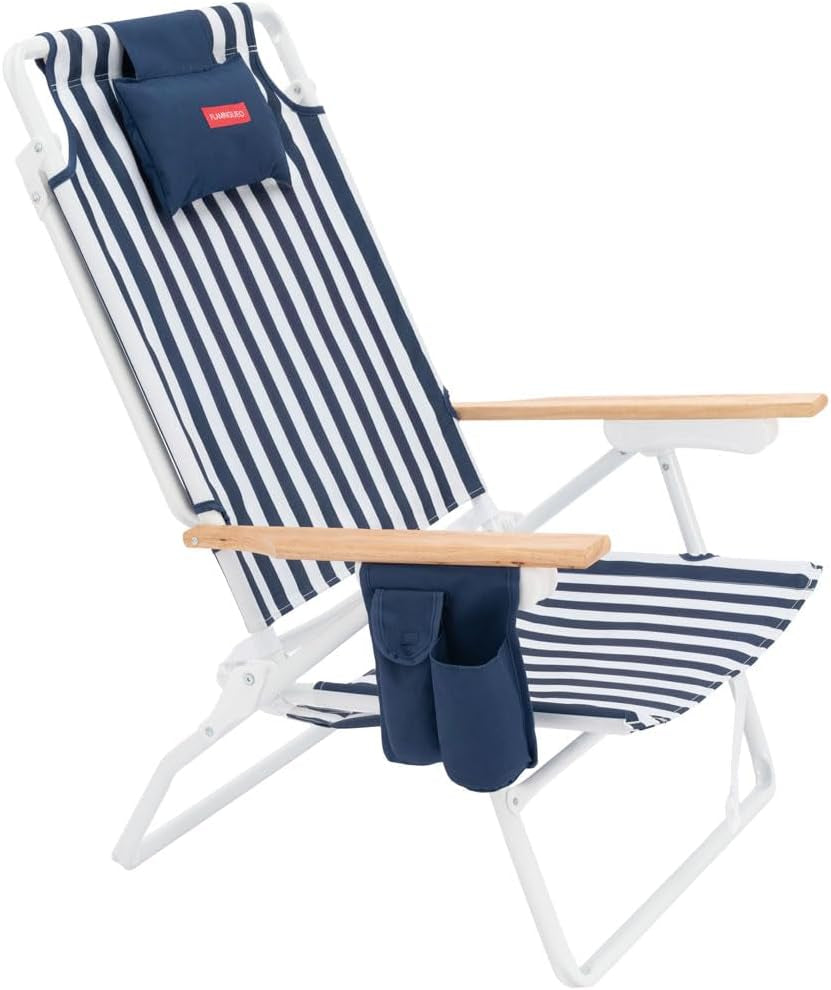 Flamingueo Silla Playa Plegable - Reclinable 5 Posiciones - Agujero Cabeza Y Brazos - Reposapiés 3 Posicones - Asas Mochila - Bolsillo Insulado Y Posavasos - Aluminio Y Poliéster - Amarillo
