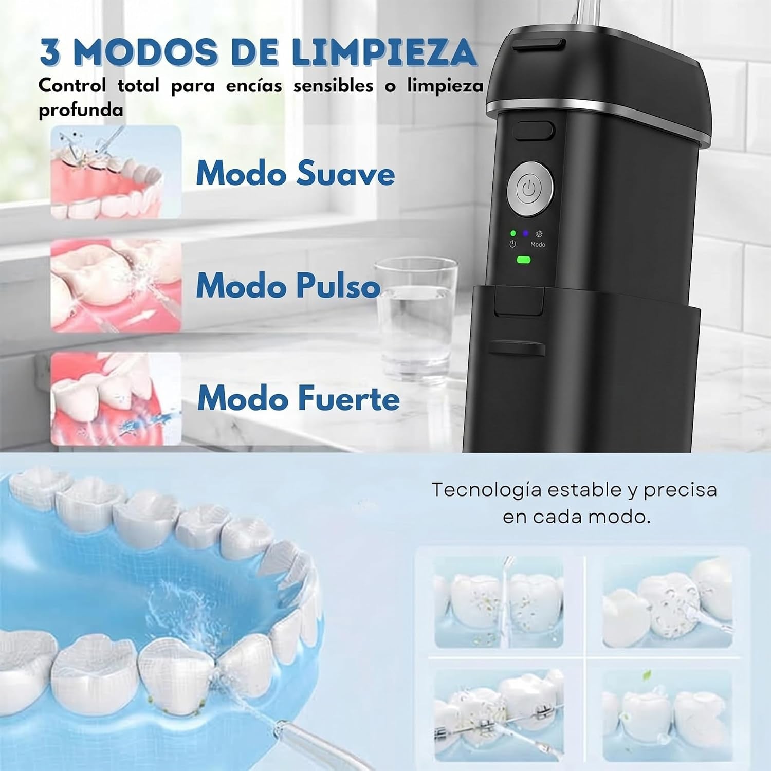 Irrigador Dental Portatil 140 Ml - Irrigador Dental Viaje IPX7 Con 3 Modos Y 4 Boquillas | Mini Irrigador Bucal Recargable Eliminador De Sarro, Limpiador De Dientes Y Encías Para Casa, Viajes (Negro)