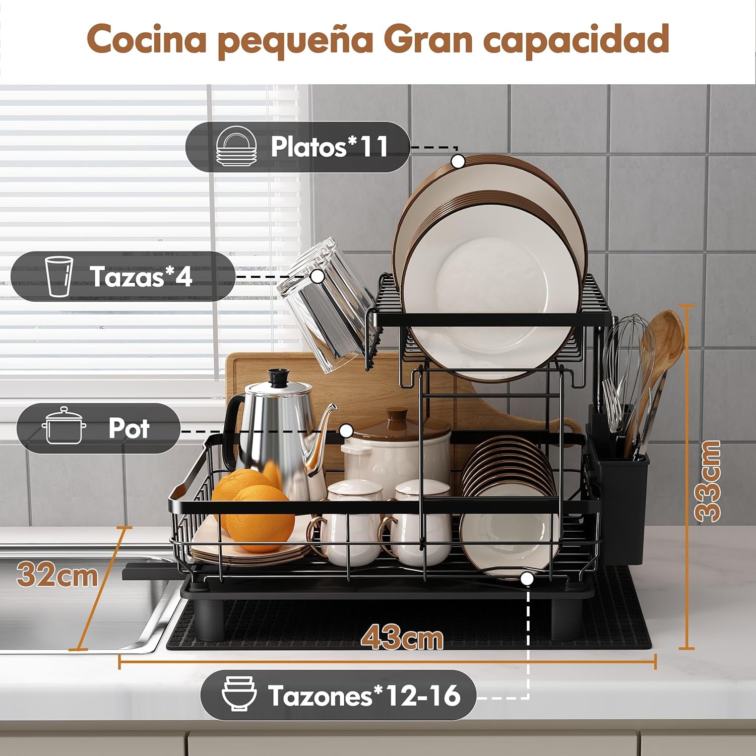 Majalis Escurreplatos Acero Inoxidable Con Drenaje, Escurridor De Platos Con Desagüe Automático De Cocina, Escurridor Platos Con Soporte Para Utensilios, Tabla De Cortar, Portavasos, 2 Niveles, Negro