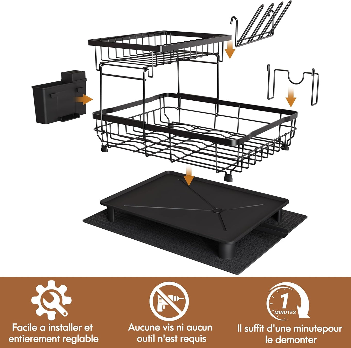 Majalis Escurreplatos Acero Inoxidable Con Drenaje, Escurridor De Platos Con Desagüe Automático De Cocina, Escurridor Platos Con Soporte Para Utensilios, Tabla De Cortar, Portavasos, 2 Niveles, Negro