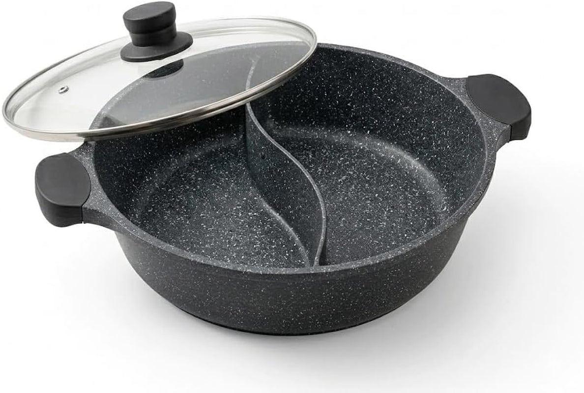 Kimbatex Cacerola Dividida Hot Pot 28 Cm, Aluminio Fundido Antiadherente, Con Tapa De Cristal, Apta Para Inducción Y Todo Tipo De Fuegos