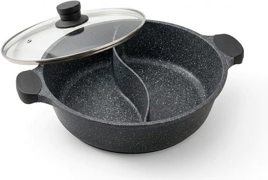 Kimbatex Cacerola Dividida Hot Pot 28 Cm, Aluminio Fundido Antiadherente, Con Tapa De Cristal, Apta Para Inducción Y Todo Tipo De Fuegos