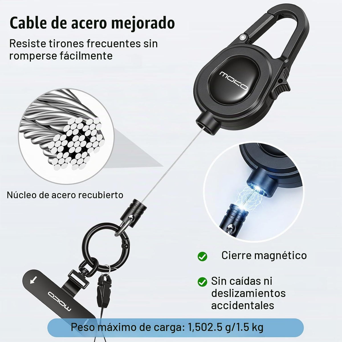Moko Cuerda Para Movil Retráctil Antirrobo, Negro