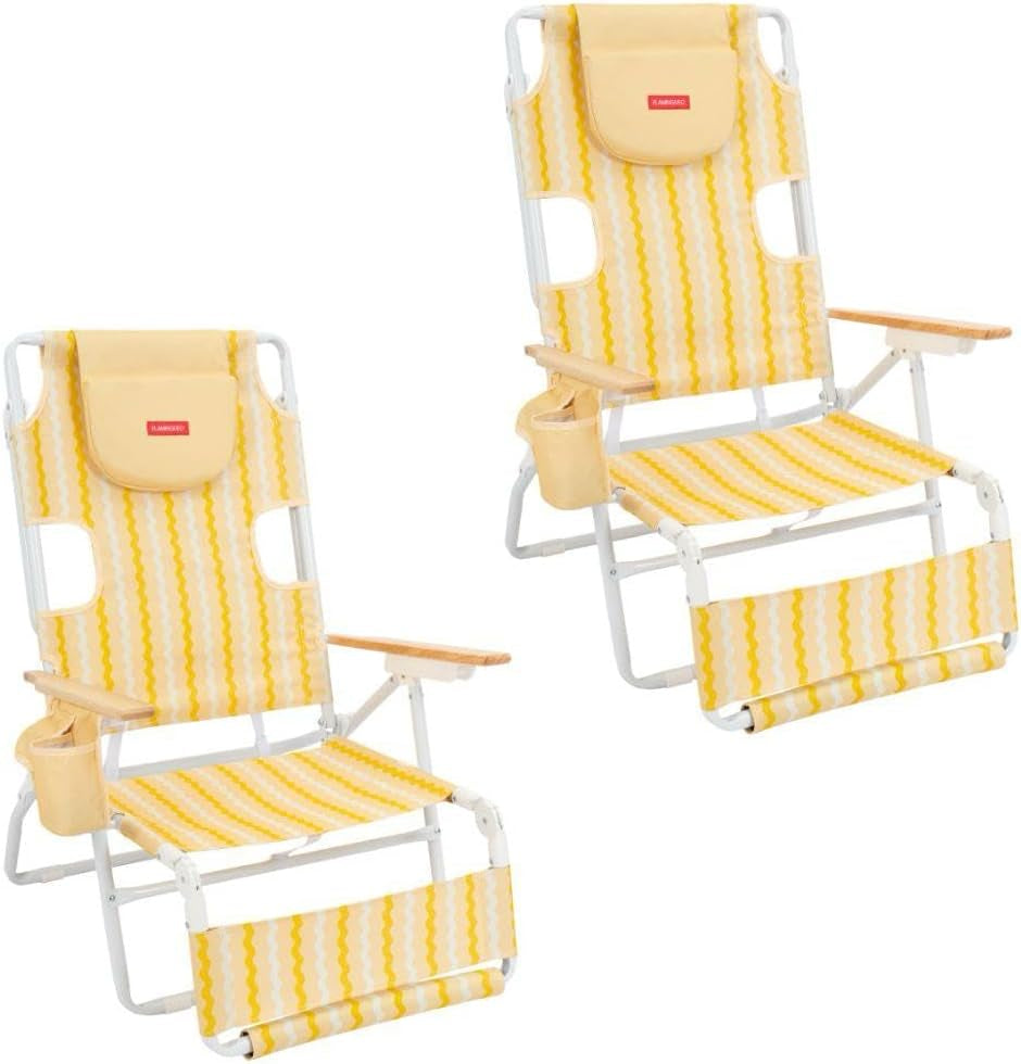 Flamingueo Silla Playa Plegable - Reclinable 5 Posiciones - Agujero Cabeza Y Brazos - Reposapiés 3 Posicones - Asas Mochila - Bolsillo Insulado Y Posavasos - Aluminio Y Poliéster - Amarillo