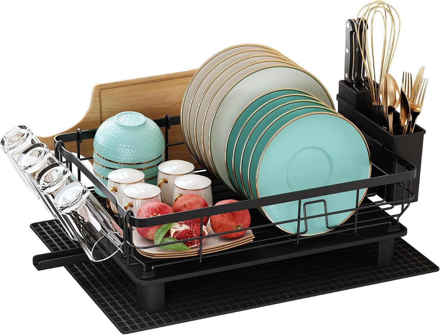 Majalis Escurreplatos Acero Inoxidable Con Drenaje, Escurridor De Platos Con Desagüe Automático De Cocina, Escurridor Platos Con Soporte Para Utensilios, Tabla De Cortar, Portavasos, 2 Niveles, Negro