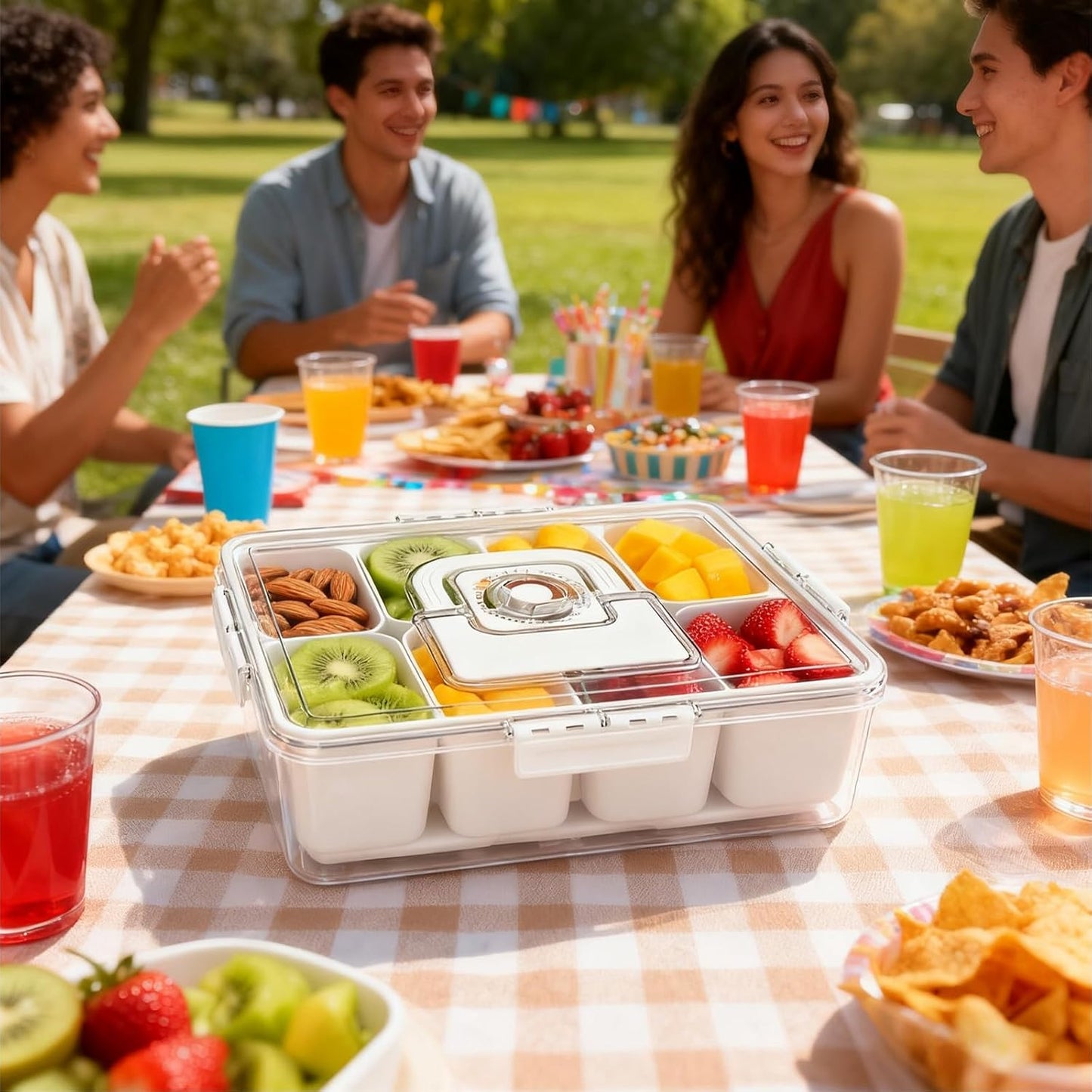 Nevera Portátil Con Asas Para Picnic, Viajes Y Fiestas Al Aire Libre, Con Compartimento Para Hielo Para Aperitivos Frescos, Frutas Y Verduras, Práctico Organizador Para Viajes