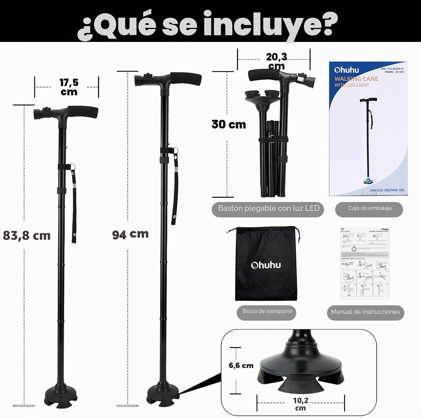 Bastón Plegable Con Luz LED, Ohuhu Bastones Para Mayores Hombr Ajustable En Altura Ligero Palo Plegable Bastón No Deslizamiento Con Mango En T Y Base Pivotante, Unisex Adulto