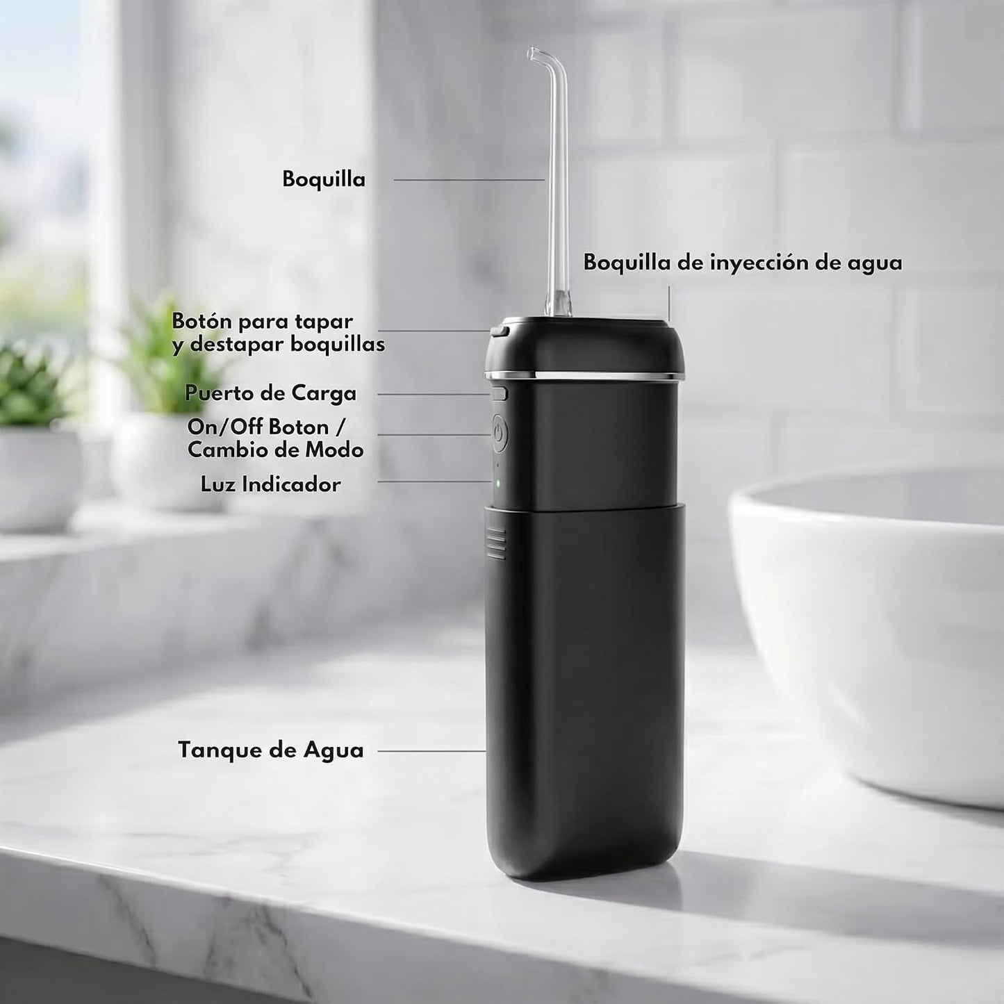 Irrigador Dental Portatil 140 Ml - Irrigador Dental Viaje IPX7 Con 3 Modos Y 4 Boquillas | Mini Irrigador Bucal Recargable Eliminador De Sarro, Limpiador De Dientes Y Encías Para Casa, Viajes (Negro)
