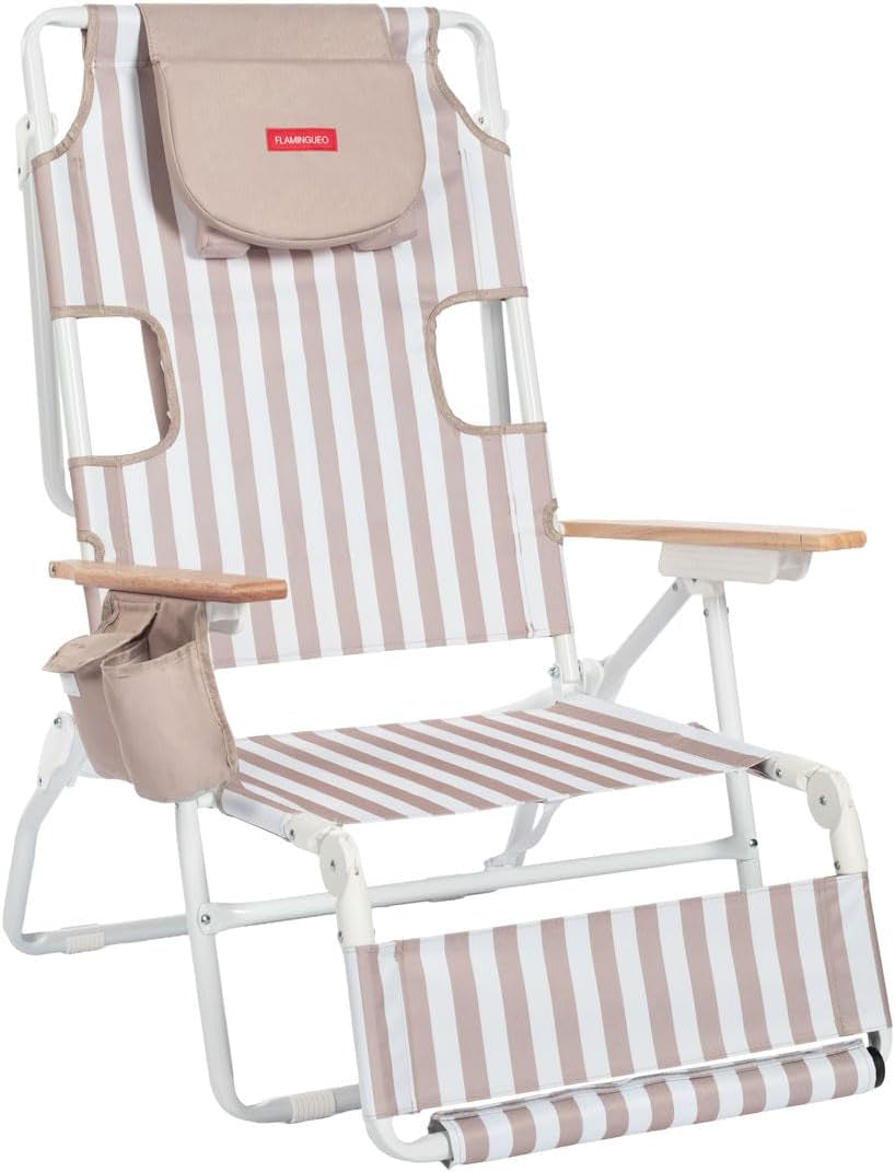 Flamingueo Silla Playa Plegable - Reclinable 5 Posiciones - Agujero Cabeza Y Brazos - Reposapiés 3 Posicones - Asas Mochila - Bolsillo Insulado Y Posavasos - Aluminio Y Poliéster - Amarillo