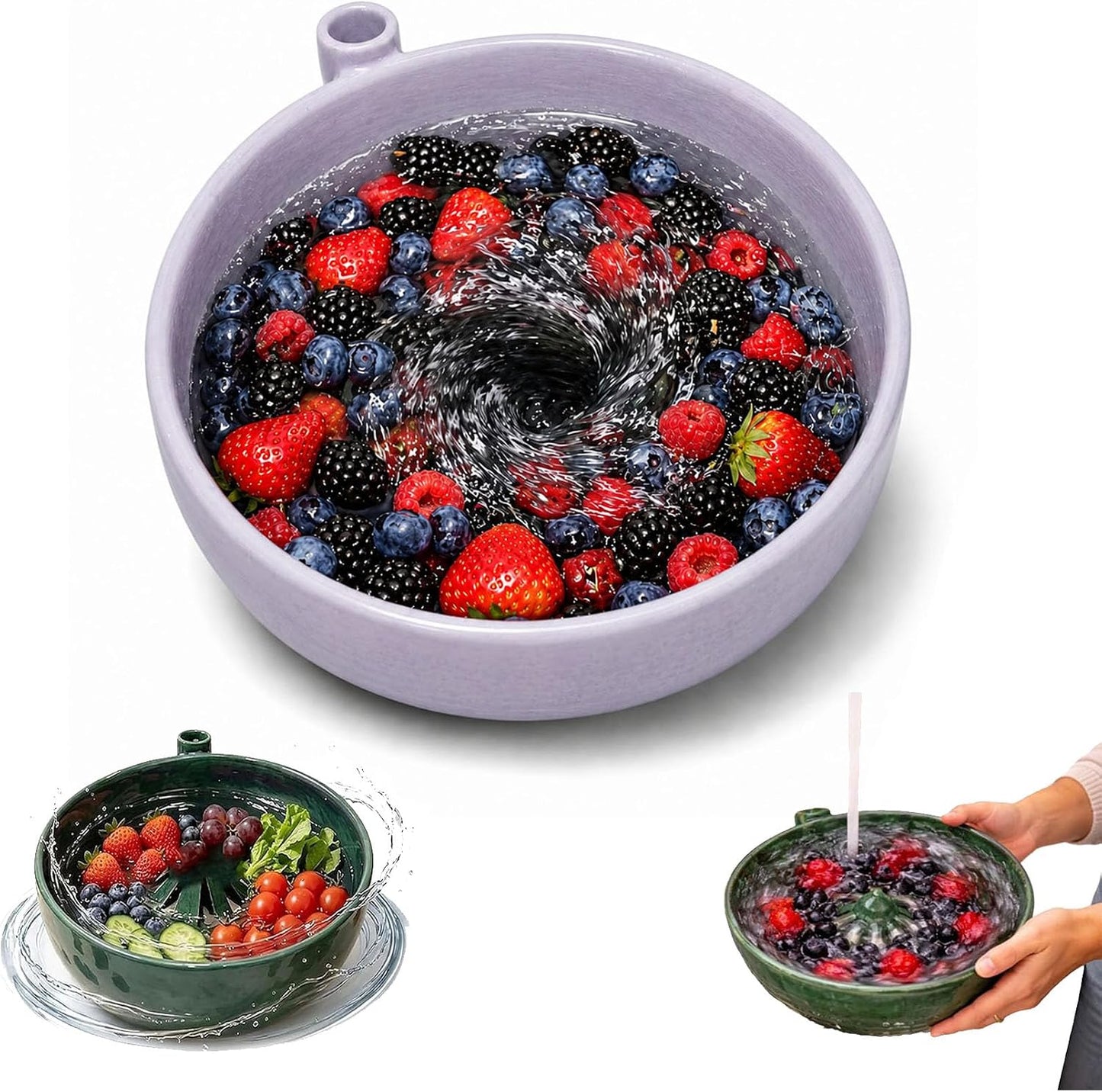 Self Spinning Berry Bowl with Drain Holes, Berry Washing Bowl and Fruit Washer Colander for Strawberries, Blueberries, Grapes, Cherry Tomatoes and Small Produce (White)