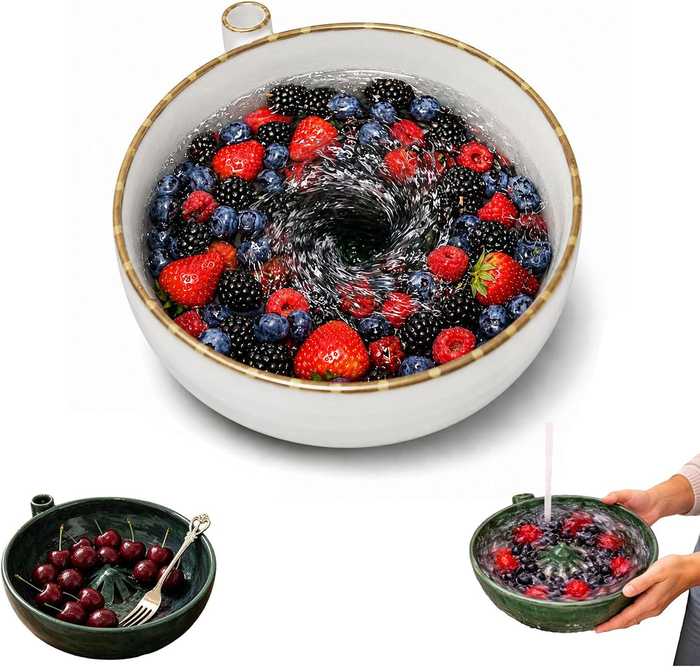 Self Spinning Berry Bowl with Drain Holes, Berry Washing Bowl and Fruit Washer Colander for Strawberries, Blueberries, Grapes, Cherry Tomatoes and Small Produce (White)