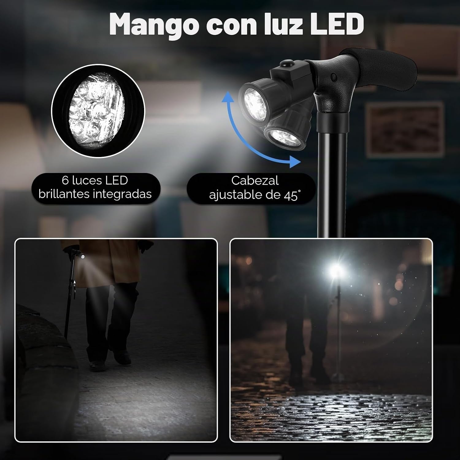 Bastón Plegable Con Luz LED, Ohuhu Bastones Para Mayores Hombr Ajustable En Altura Ligero Palo Plegable Bastón No Deslizamiento Con Mango En T Y Base Pivotante, Unisex Adulto