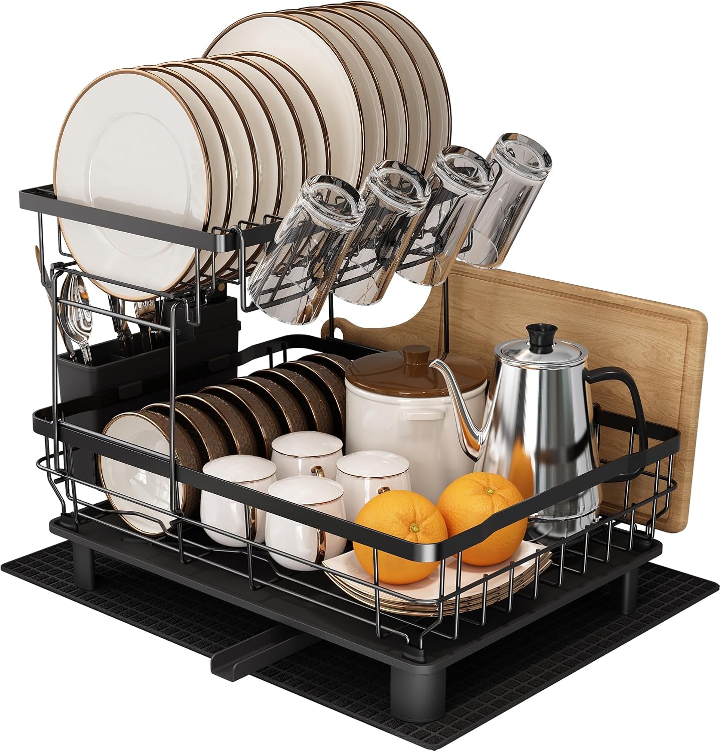 Majalis Escurreplatos Acero Inoxidable Con Drenaje, Escurridor De Platos Con Desagüe Automático De Cocina, Escurridor Platos Con Soporte Para Utensilios, Tabla De Cortar, Portavasos, 2 Niveles, Negro