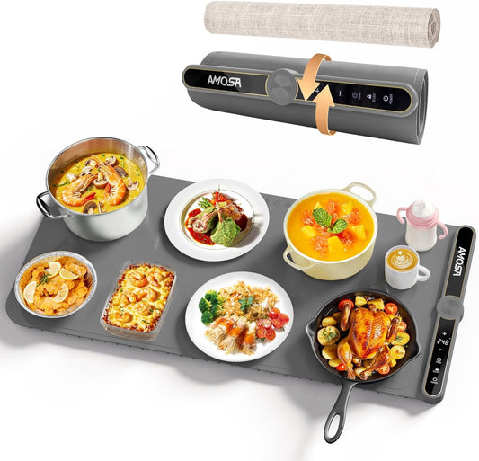 AMOSA Calentador Comida Portatil, Silicona Enrollable Y Portátil, 9 Niveles De Temperatura, Temporizador De 6 Horas, Bandeja Calefactora Eléctrica Flexible Para Cenas Familiares Y Fiestas (Gris)