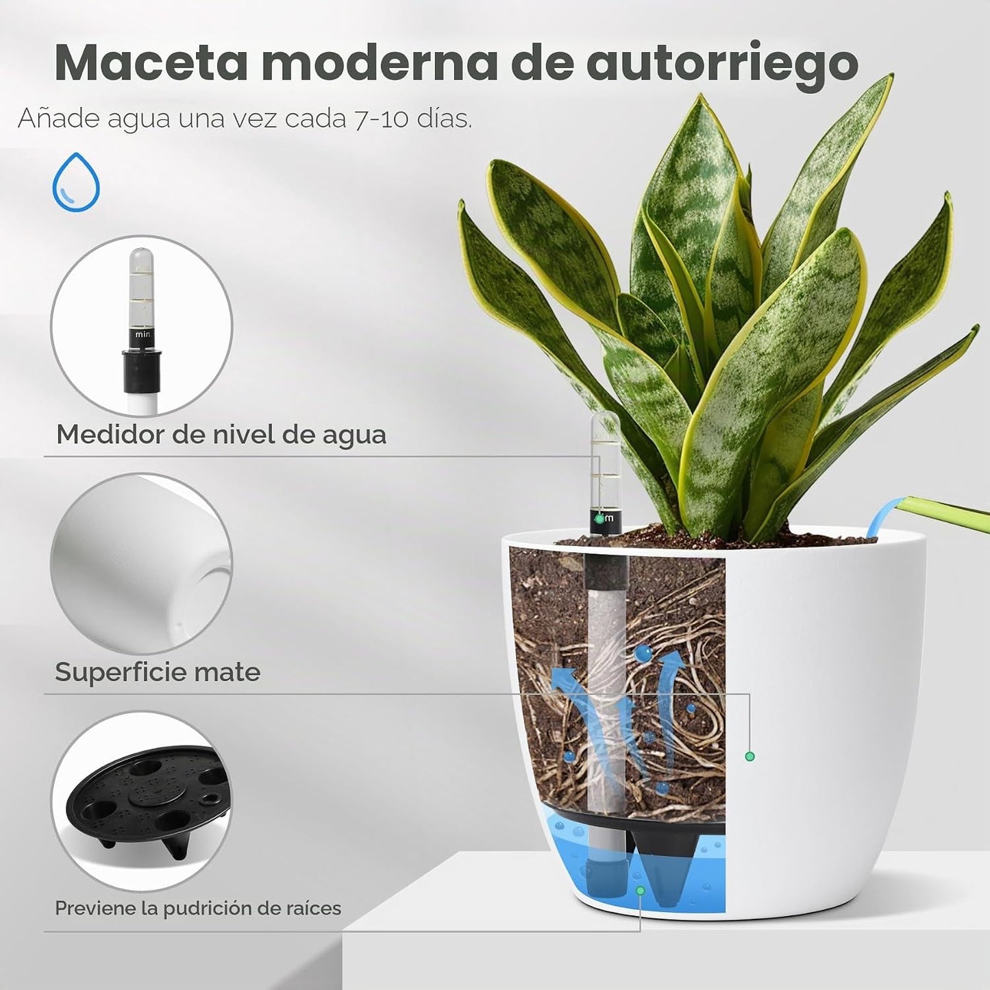 T4U Maceta De Autorriego 18 Cm Pack De 4 Para Interior Y Exterior Blanco | Depósito Interior, Riego Reducido, Raíces Hidratadas, Flores, Hierbas, Alféizar,Jardín, Regalo Para Jardineros